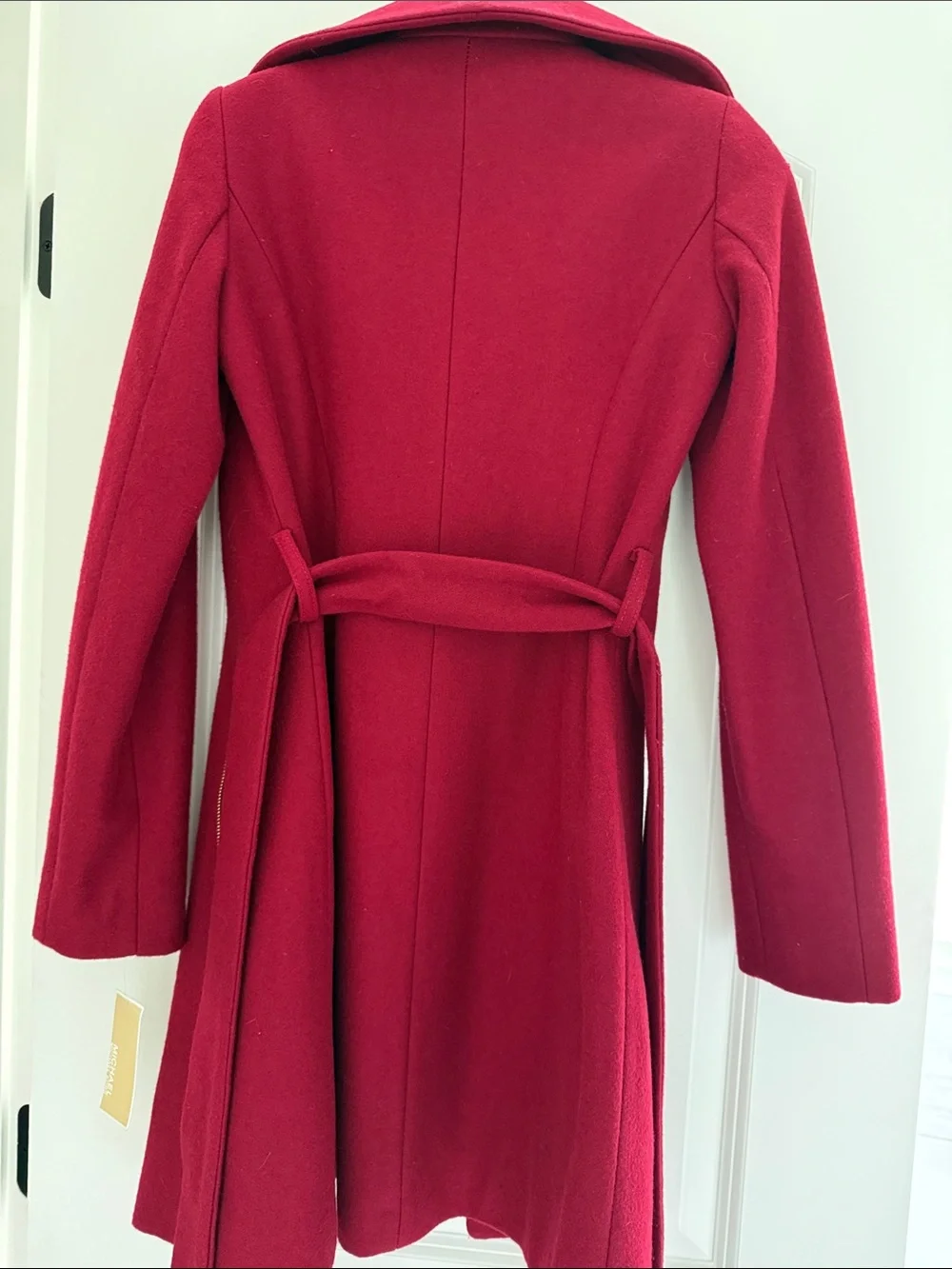 Michael Kors Womens Deep Red Wool Trench Coat with Gold Accents